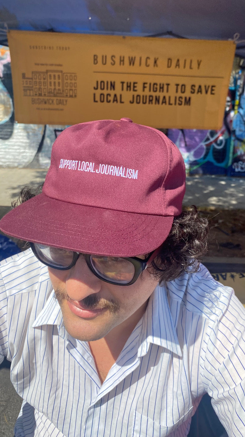 Embroidered Five-Panel Snapback - 'Support Local Journalism' - Maroon