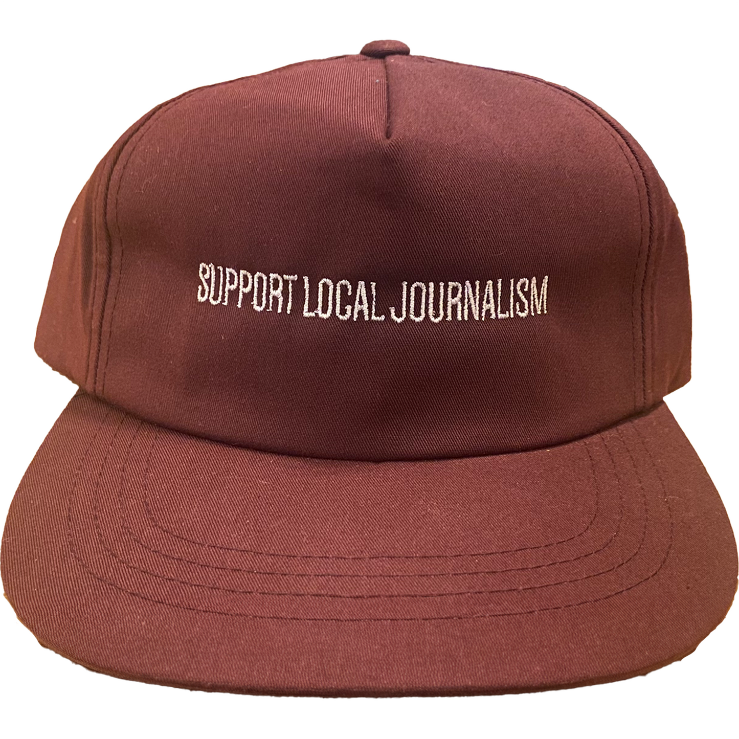 Embroidered Five-Panel Snapback - 'Support Local Journalism' - Maroon